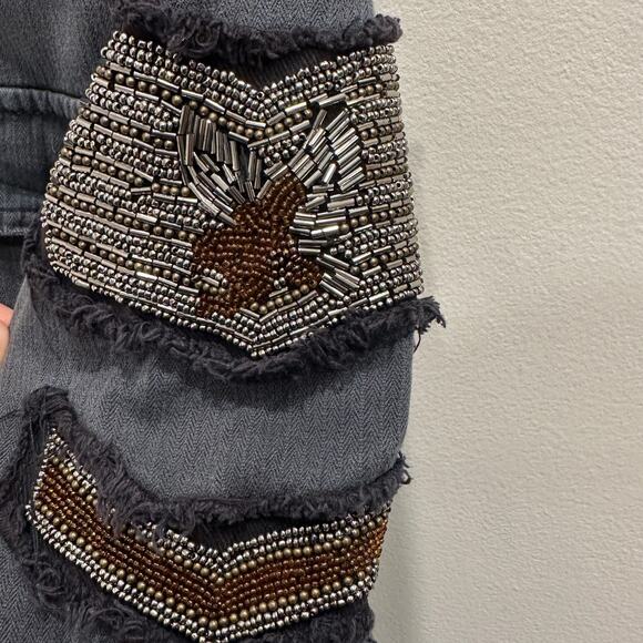 Free People Embellished Military Shirt Jacket Gray Distressed Beaded Patchwork - Picture 5 of 13